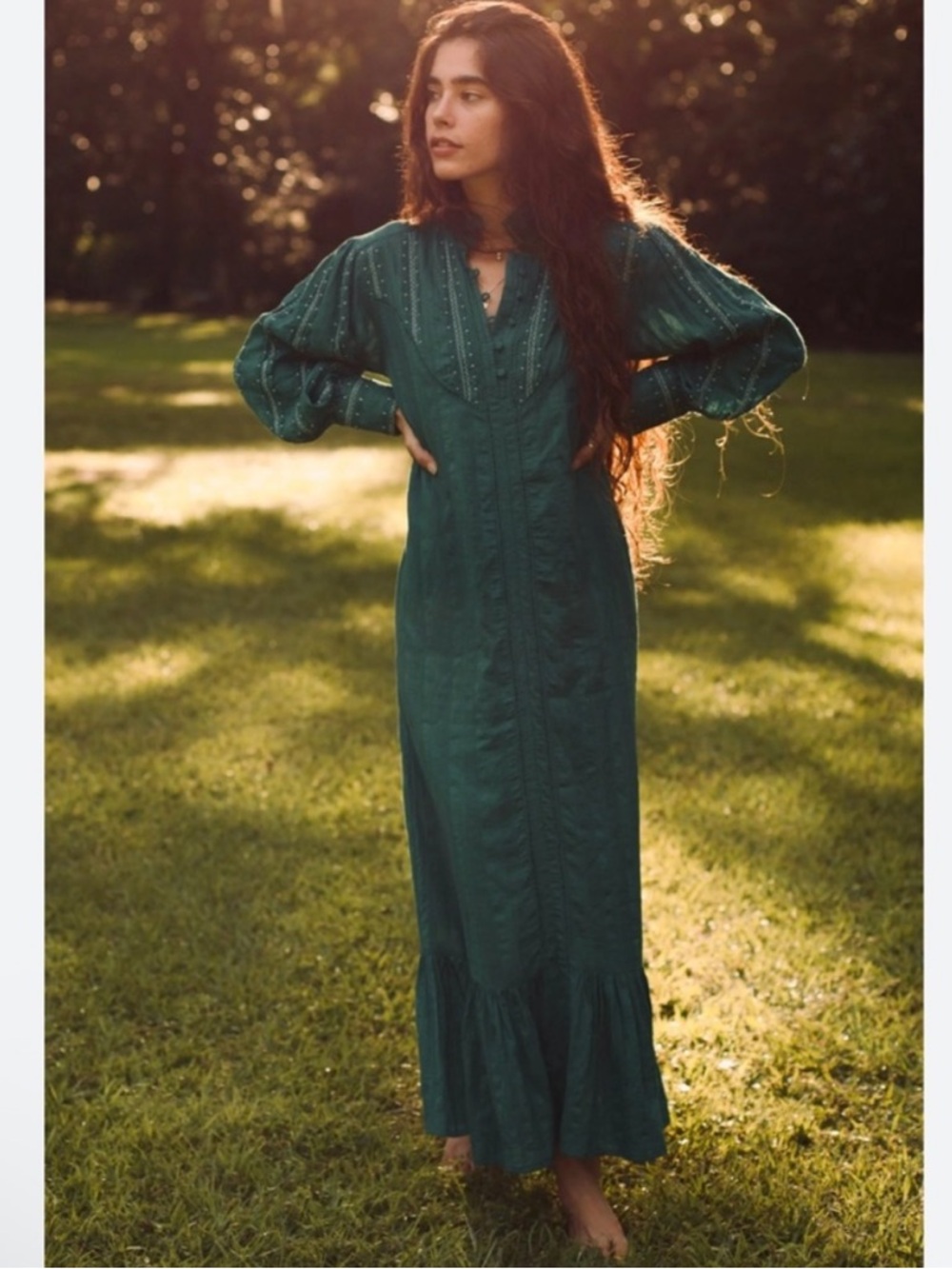 EX VOTO Sutton Cotton Embroidered Emerald Green Belted Maxi Dress NWT $289 - Picture 2 of 8
